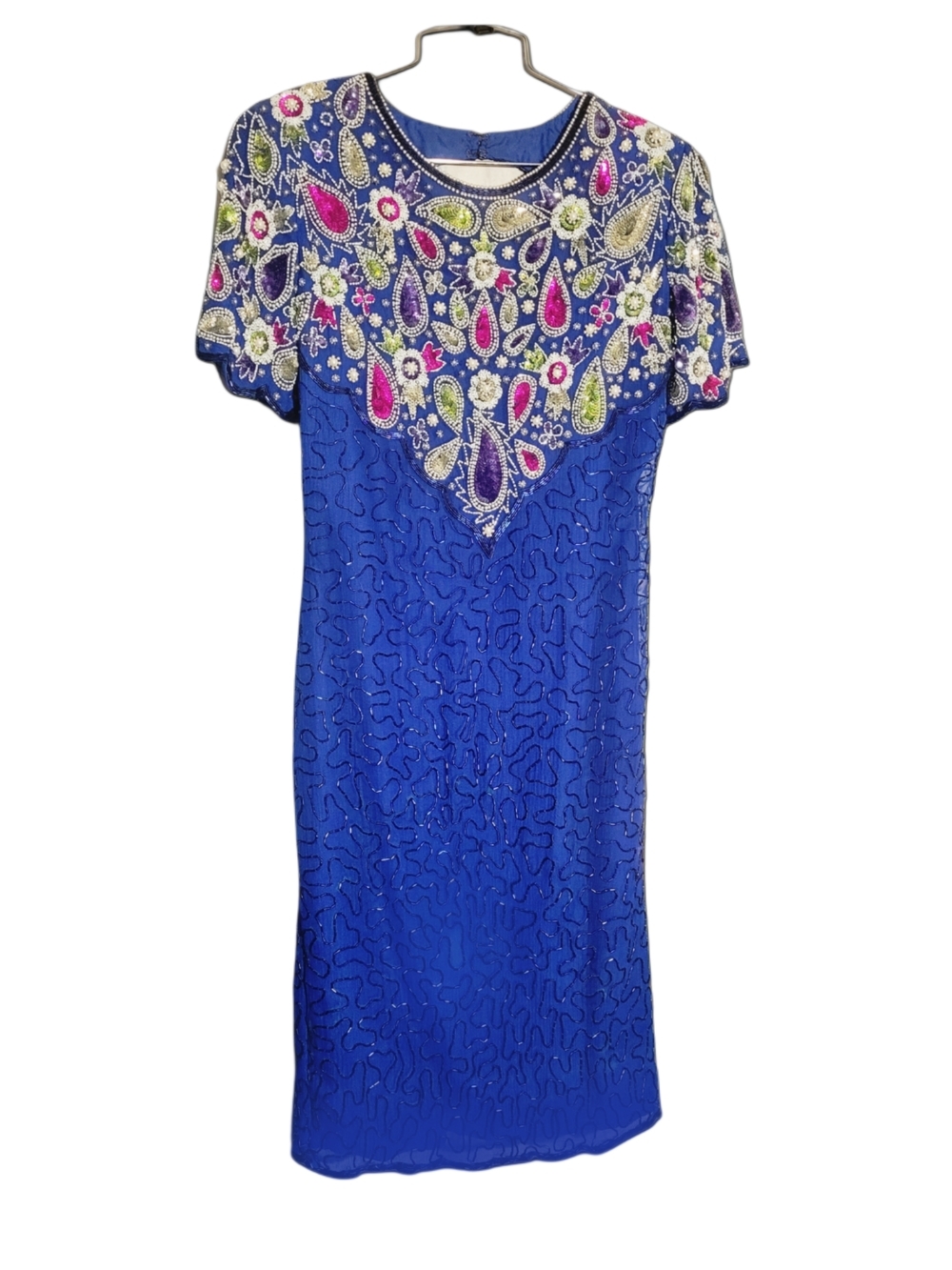 Vintage 1980s Swee Loo Blue Silk  Beaded & Sequin Cocktail Dress